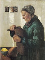 Christian Krohg, Kone som skjærer brød, 1879. Olje på lerret, 80 × 60 cm. Bergen, Bergen Kunstmuseum.  [Kunsthistorisk bildedatabase: https://www.edd.uio.no/kub/kub.html]