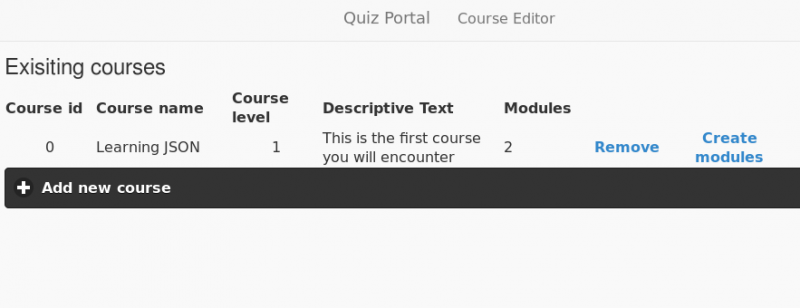 First step: This is the list of courses, with the ability to create more courses or edit a course's modules