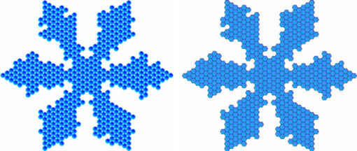 Fig. 2. Til venstre vises en illustrasjon på hvordan Kepler tenkte seg at snøkrystallene er bygget opp ved pakking av kuler. Til høyre er den moderne modellen på oppbygning hvor kulene er byttet ut med sekskantede prismer. Dette er igjen en forenkling.